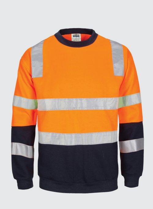 3723 HIVIS 2 tone, crew-neck fleecy sweat shirt with shoulders, double hoop body and arms CSR R/Tape.