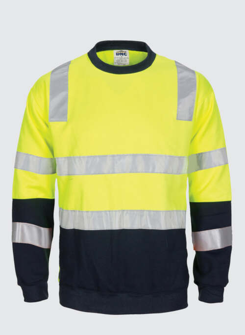 3723 HIVIS 2 tone, crew-neck fleecy sweat shirt with shoulders, double hoop body and arms CSR R/Tape.