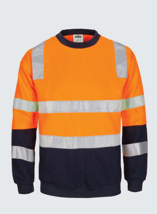 3723 HIVIS 2 tone, crew-neck fleecy sweat shirt with shoulders, double hoop body and arms CSR R/Tape.
