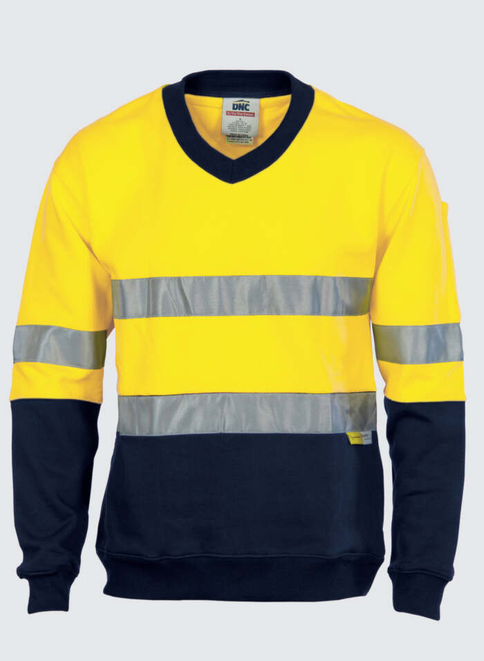 3924 HiVis Two Tone Cotton Fleecy Sweat Shirt V-Neck with 3M R/Tape