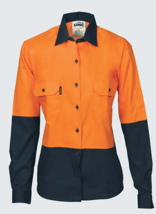 3932 Ladies HiVis Two Tone Cott on Drill Shirt - Long Sleeve