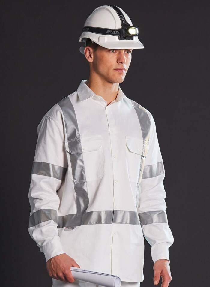 WT09HV Mens White Safety Shirt with X Back Biomotion Tape Configuration