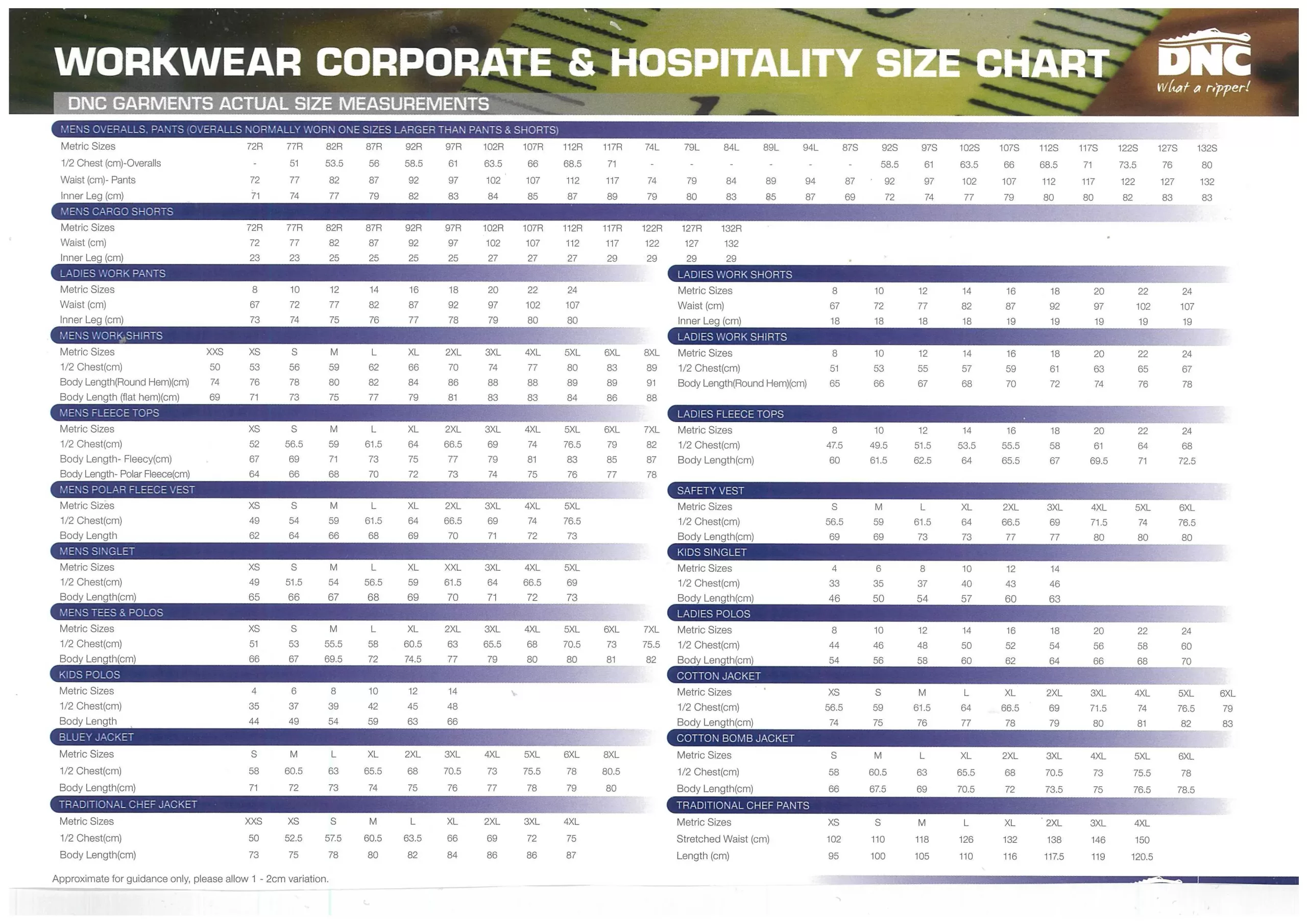 Size Chart - DNC Workwear - workwear, work wear, clothing, winter