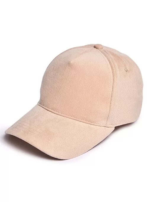 A beige baseball cap positioned against a clean white background, showcasing its simple and classic design.