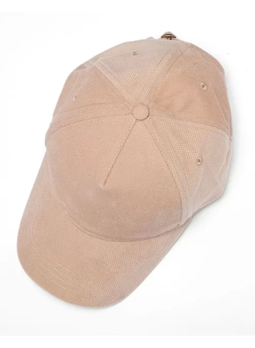 A light brown CH52 POLYESTER JACQUARD TEXTURE 5 PANEL CAP lies on a white surface. The cap features a curved brim, ventilation eyelets, and a button on top. The fabric has a subtle texture and the cap appears to be in new condition.